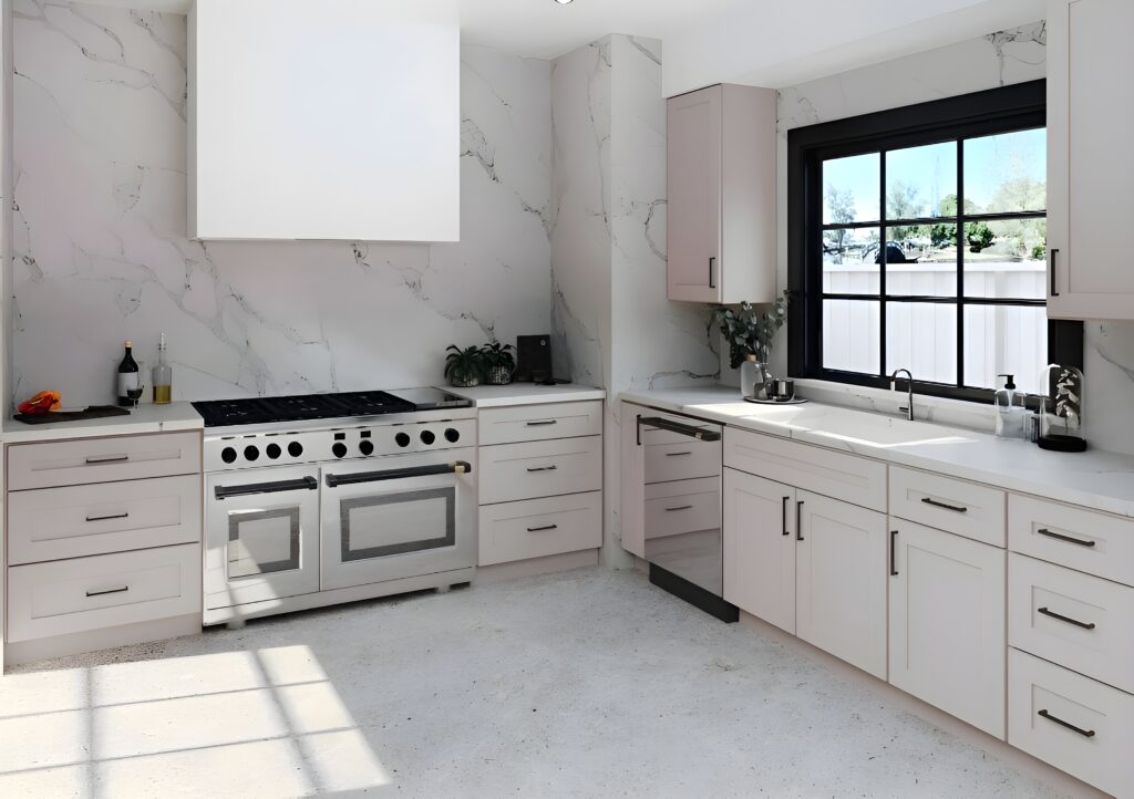 odern kitchen featuring Sand City NBS natural beige shaker cabinets, professional range, and marble backsplash.