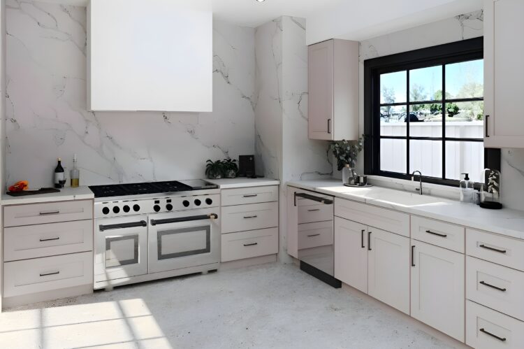 odern kitchen featuring Sand City NBS natural beige shaker cabinets, professional range, and marble backsplash.