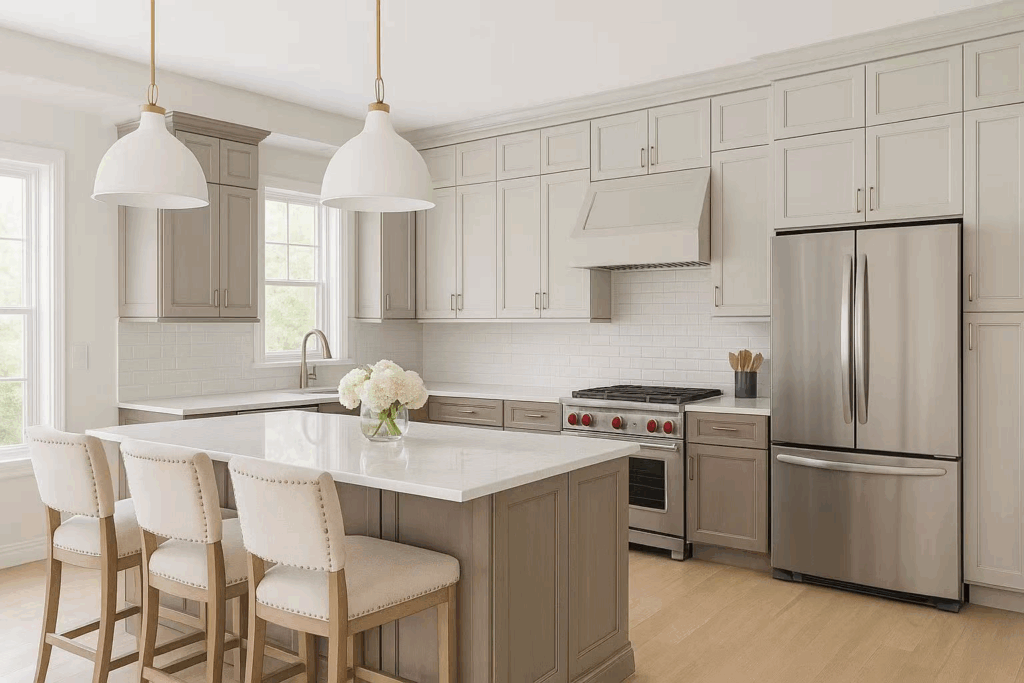 Contemporary kitchen featuring Sundale CYS sun-faded white shaker cabinets, white countertops, and elegant pendant lighting.