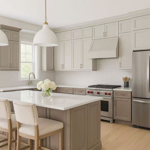 Contemporary kitchen featuring Sundale CYS sun-faded white shaker cabinets, white countertops, and elegant pendant lighting.