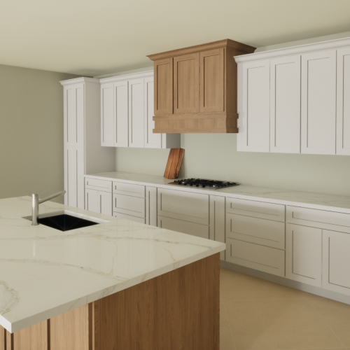 odern kitchen featuring Sand City NBS natural beige shaker cabinets, professional range, and marble backsplash.