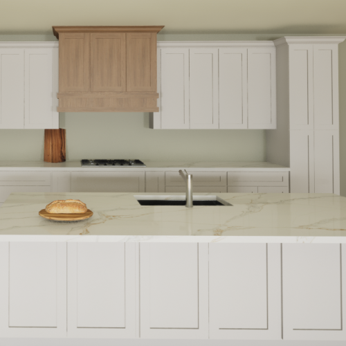 odern kitchen featuring Sand City NBS natural beige shaker cabinets, professional range, and marble backsplash.